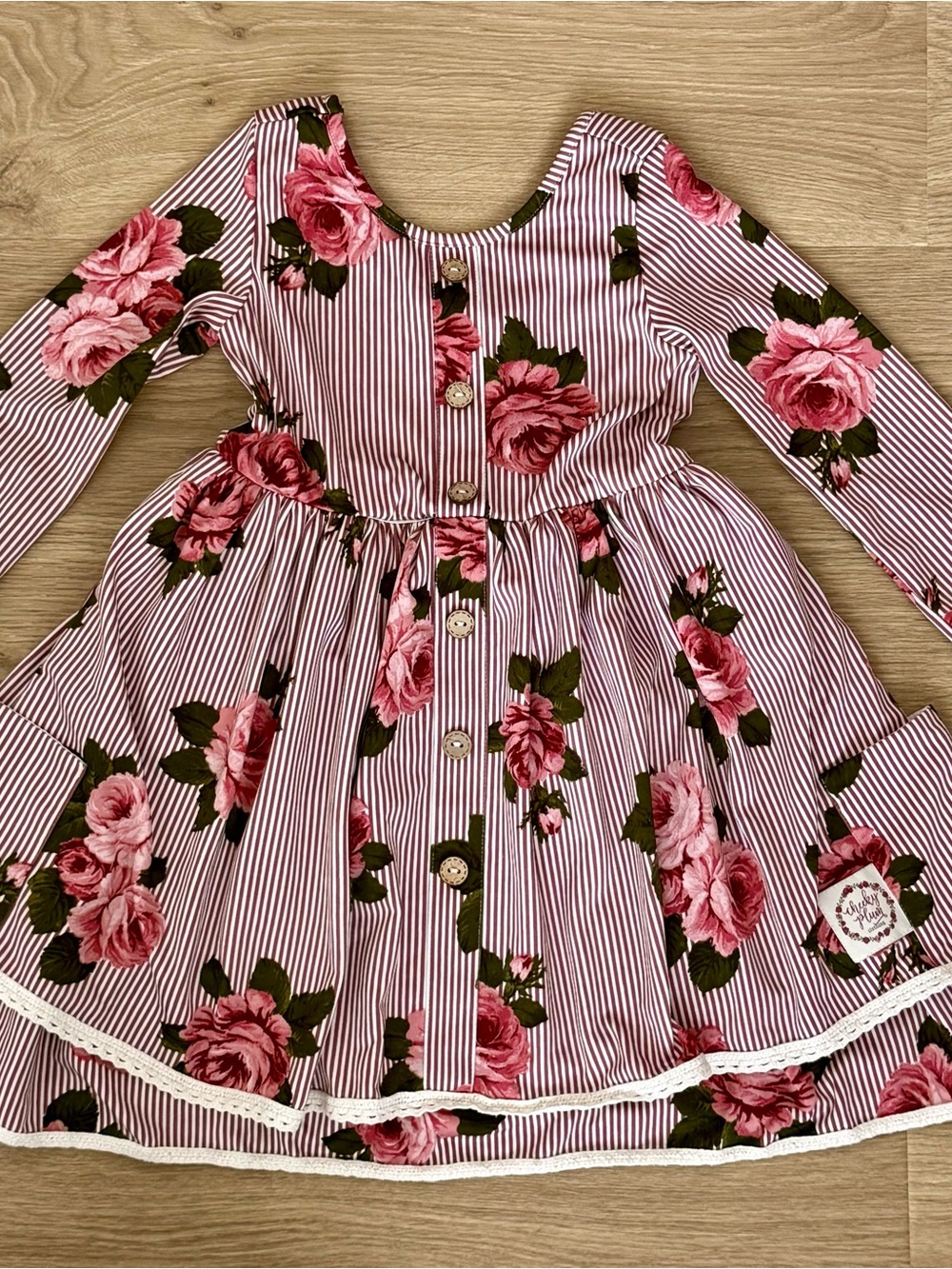 cheeky plum Pink Rose Stripe Button-Front Long Sleeve Dress